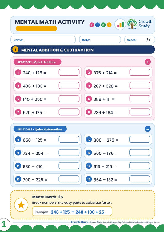 Mental Math Activity Worksheets for Class 3