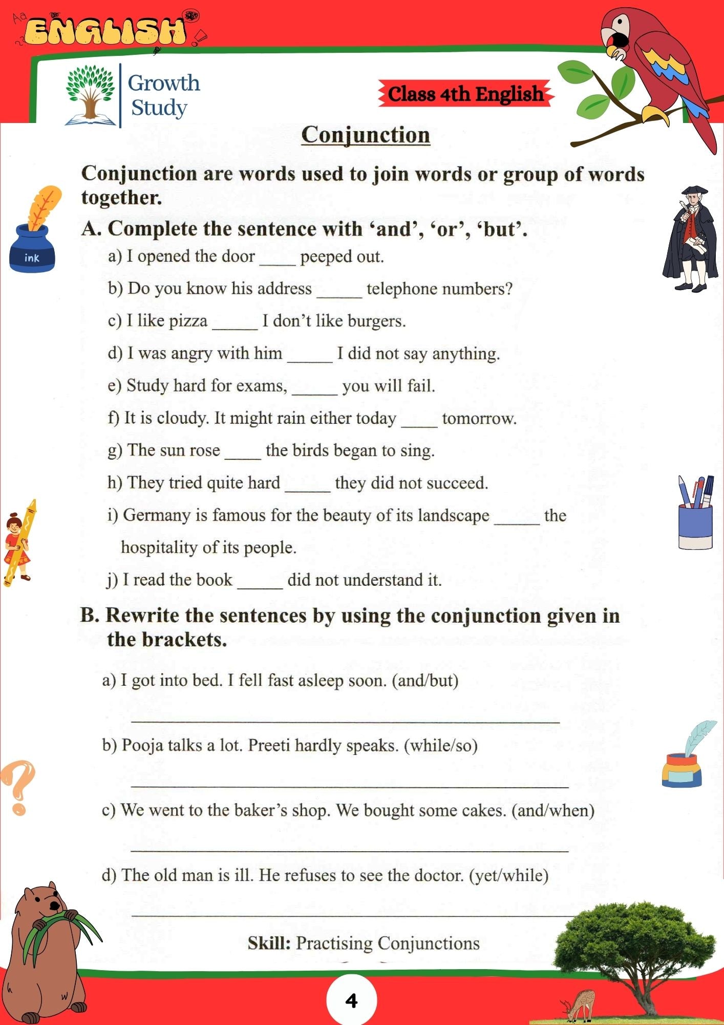Printed Worksheet Class 4th English