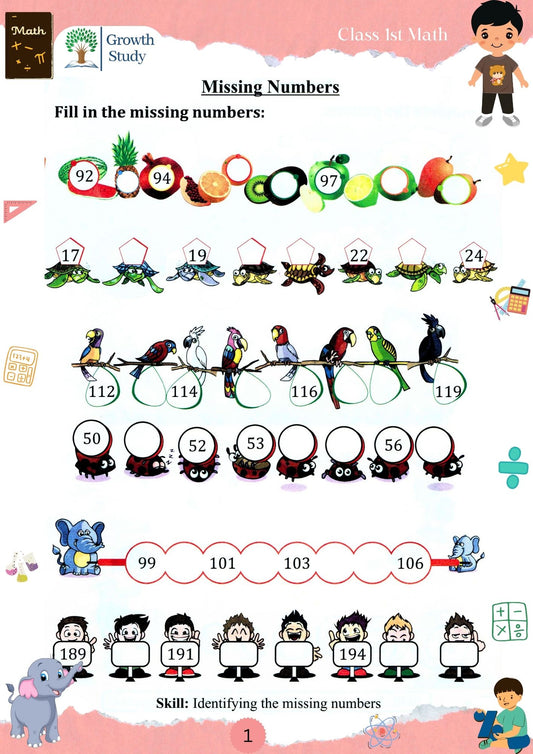Printed Worksheet Class 1st Math