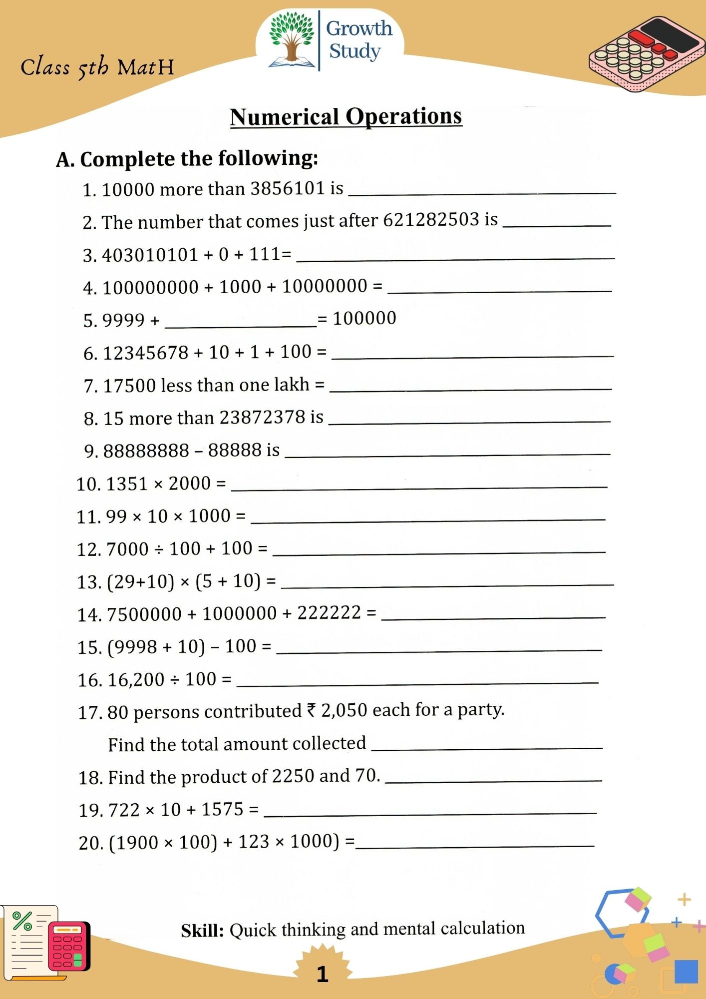 Printed Worksheet Class 5th Math