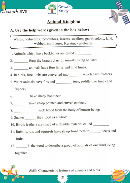 Printed Worksheet for Class 5th  EVS (Environmental Science)