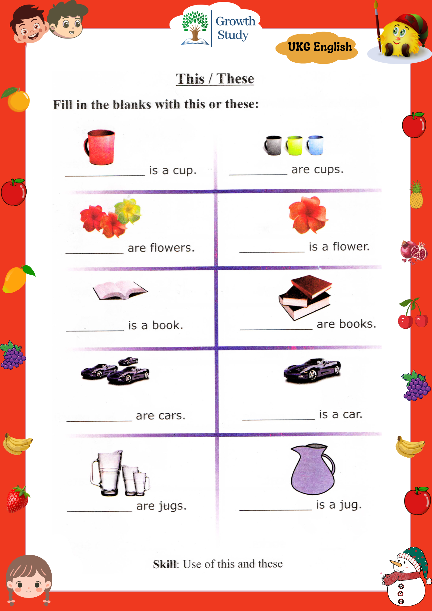 Printed Worksheet UKG Math, English, Evs