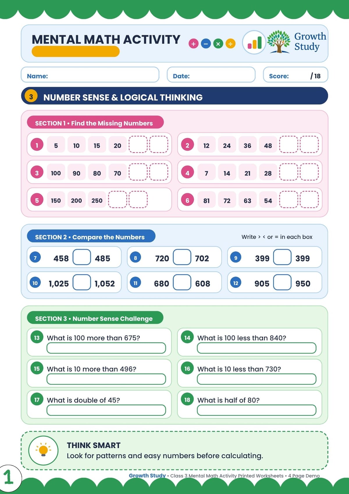 Mental Math Activity Worksheets for Class 3