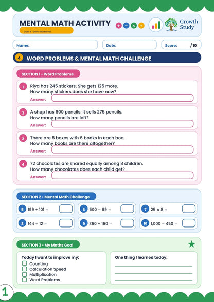 Mental Math Activity Worksheets for Class 3