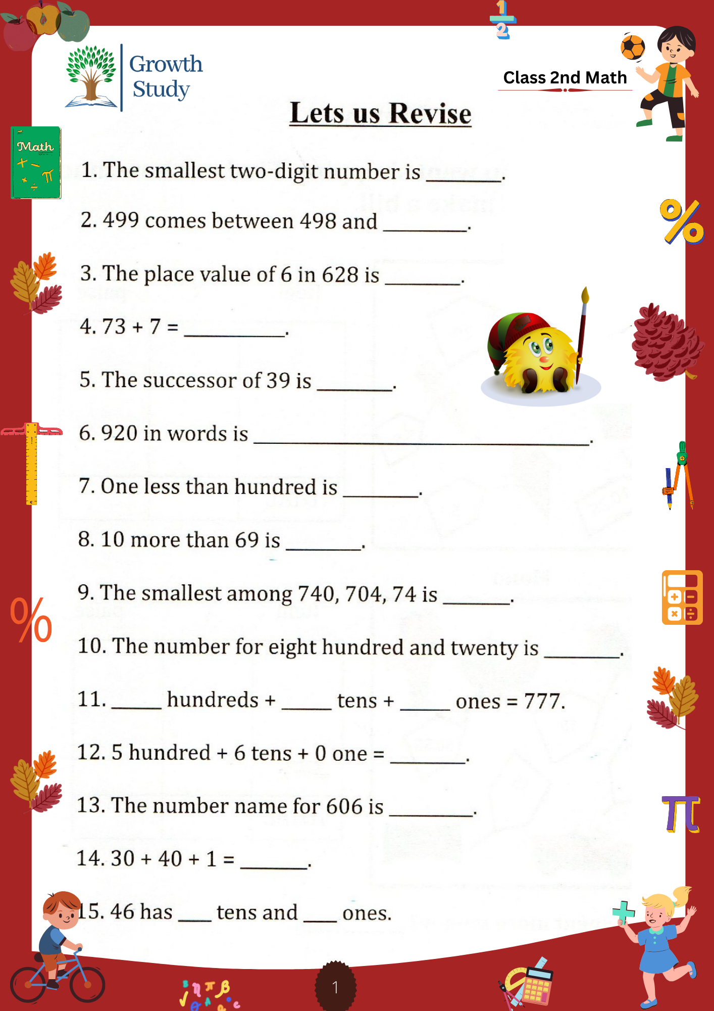 Printed Worksheet class 2nd Math