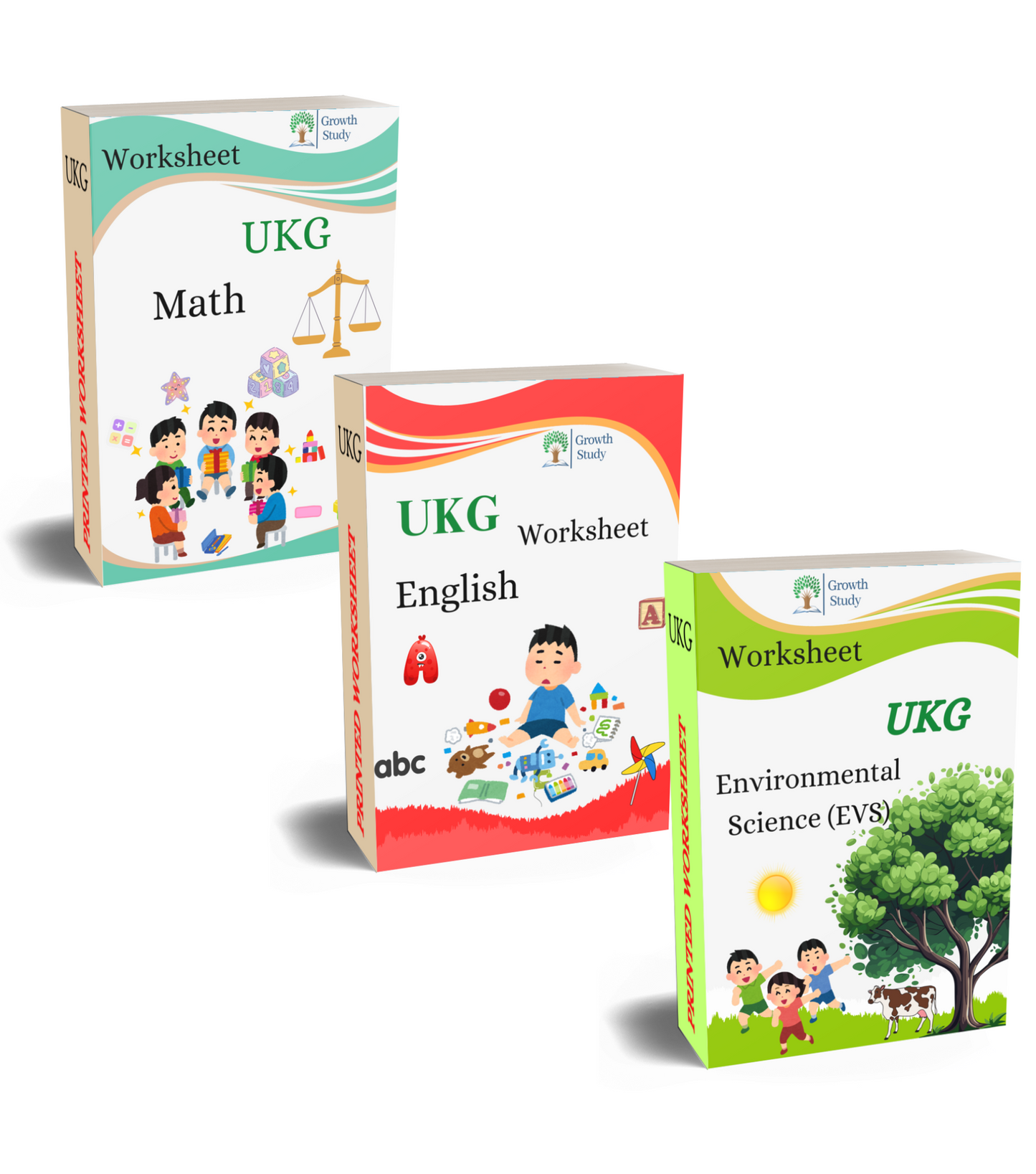 Printed Worksheet UKG Math, English, Evs