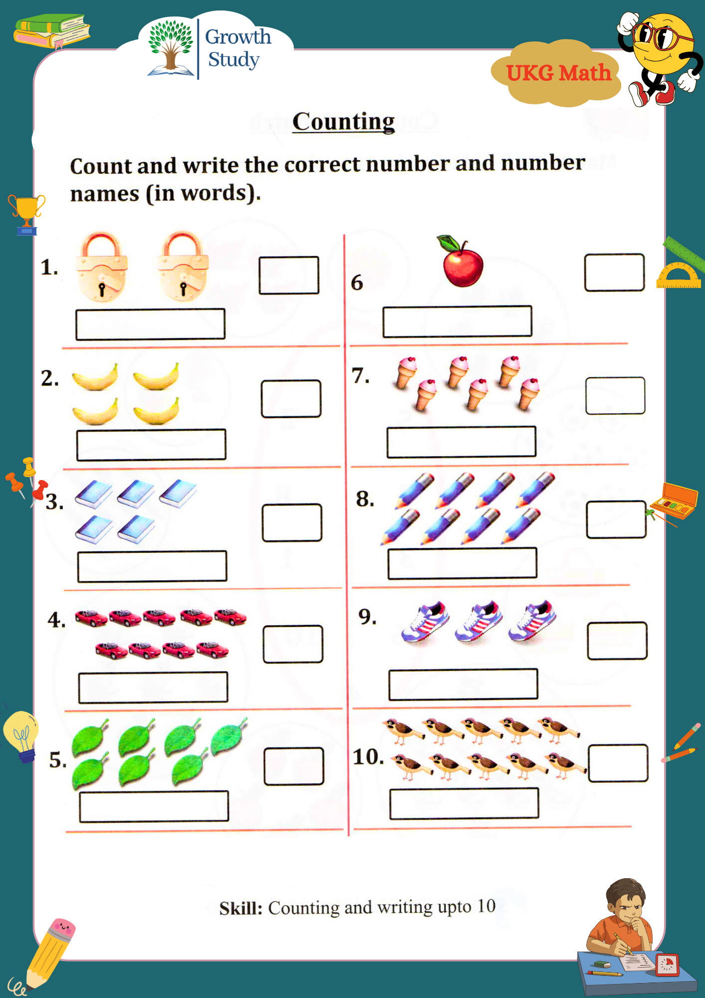 Printed Worksheet UKG Math, English, Evs