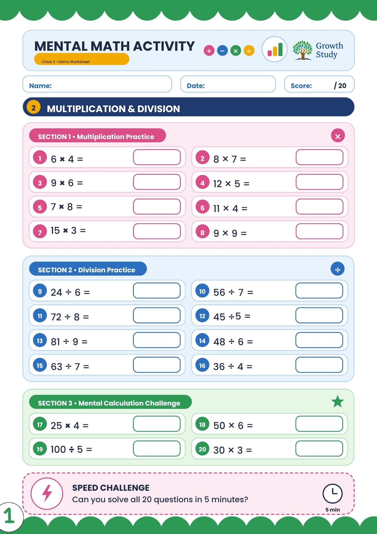 Mental Math Activity Worksheets for Class 3