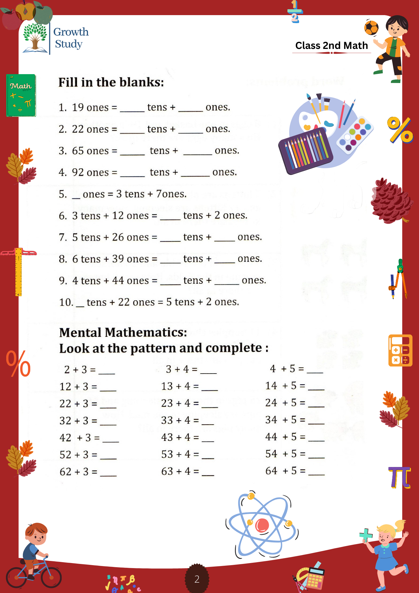 Printed Worksheet class 2nd Math