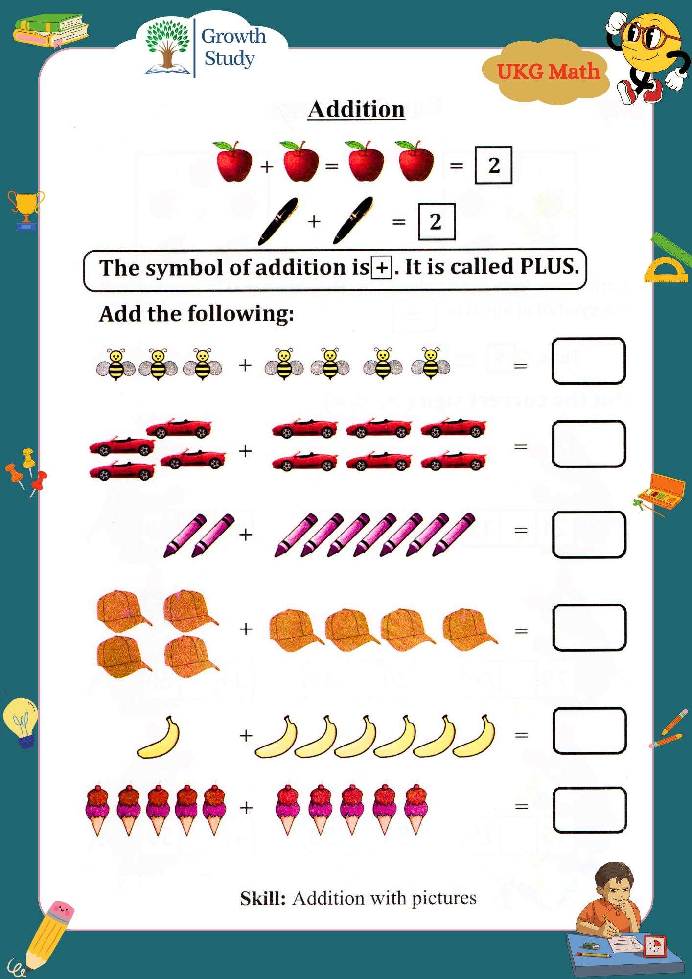 Printed Worksheet UKG Math, English, Evs