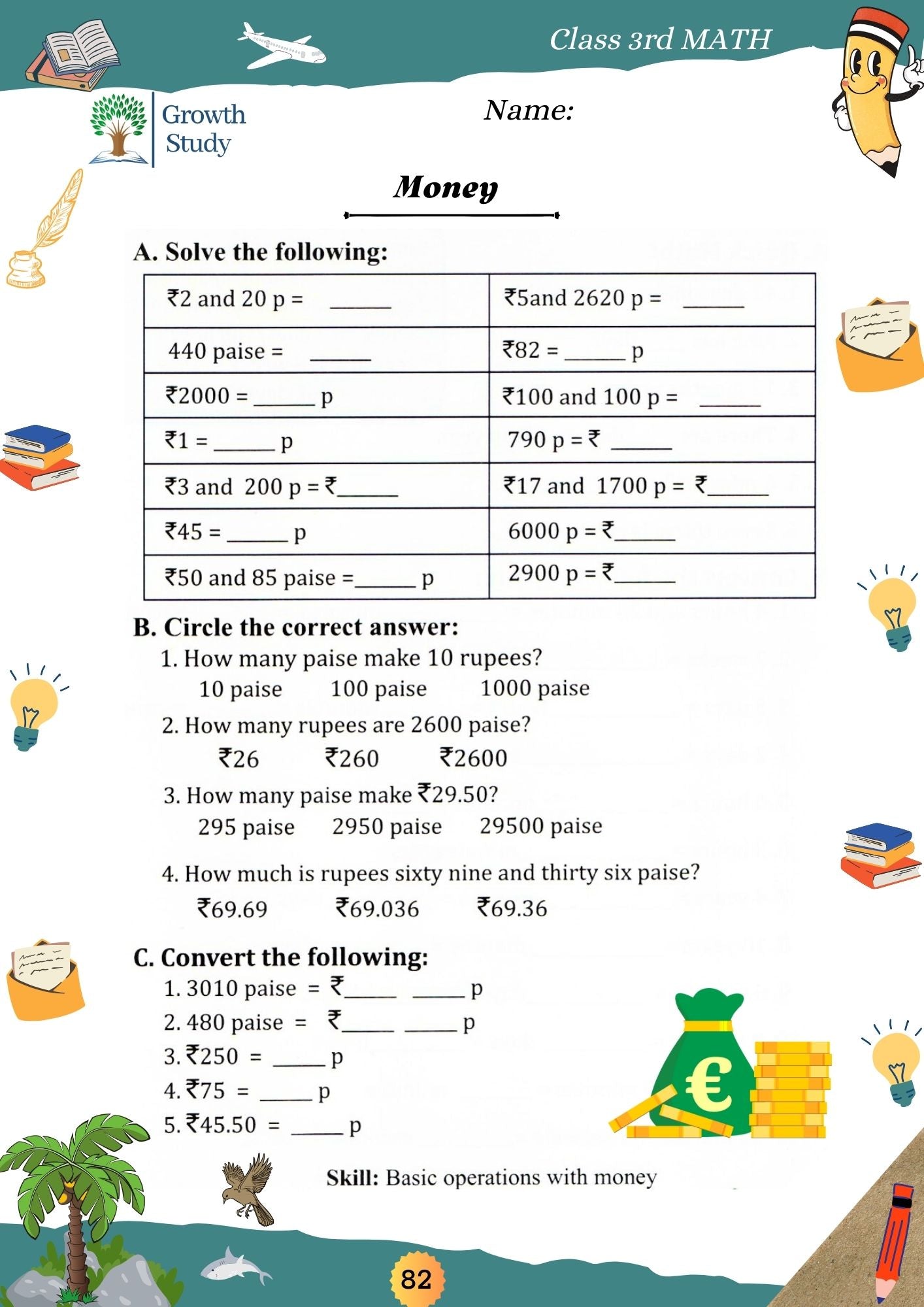 Printed Worksheet Class 3 Math, English, EVs