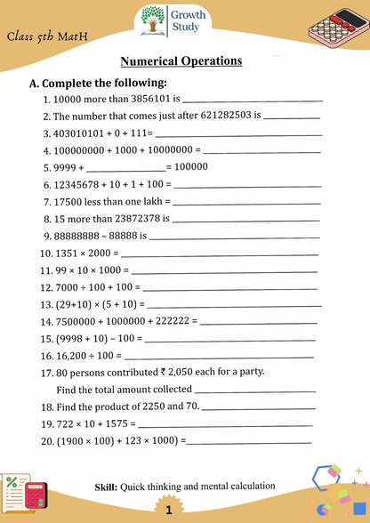 Printed Worksheet Class 5th Math