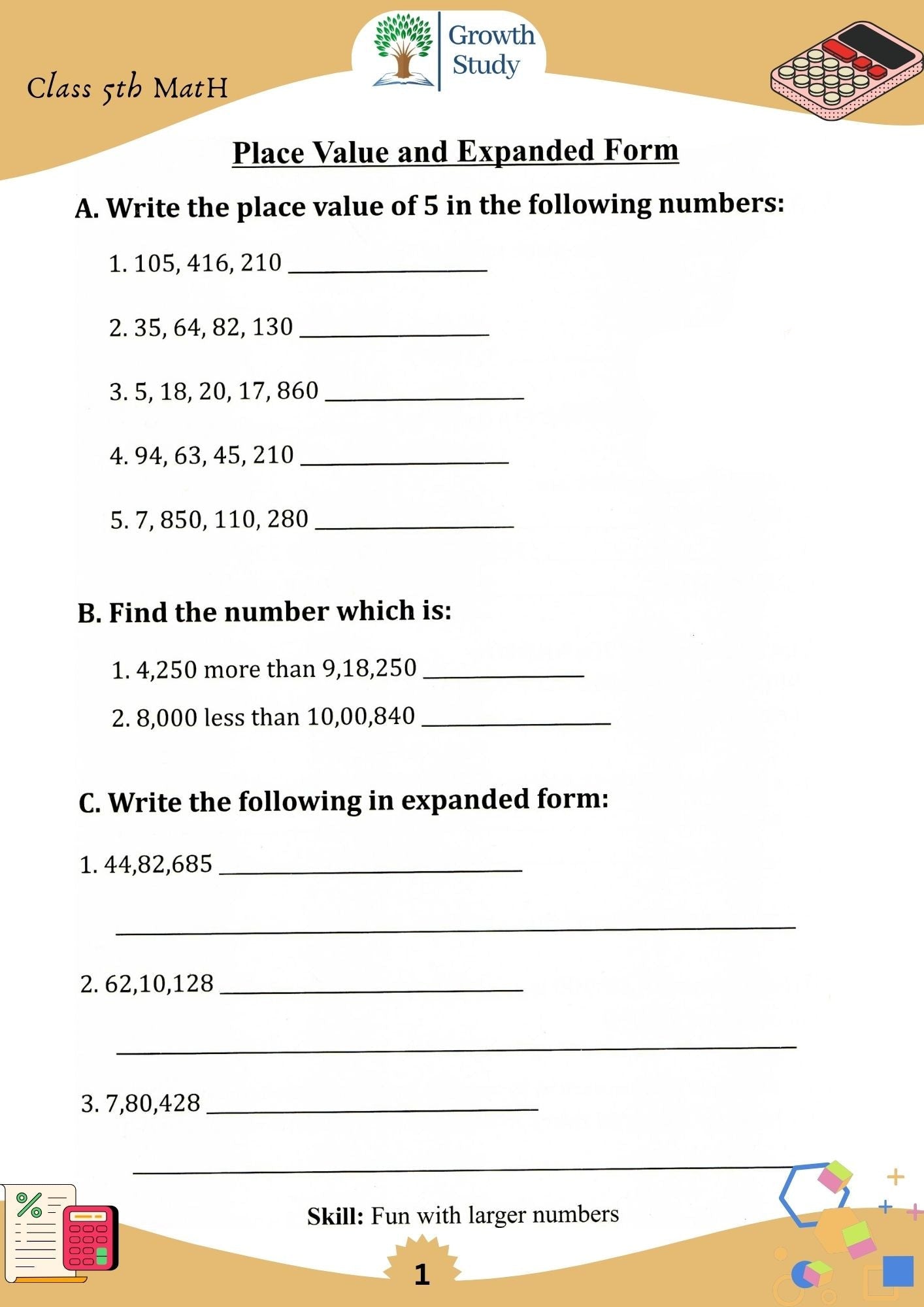 Printed Worksheet Class 5 Math, English, EVs