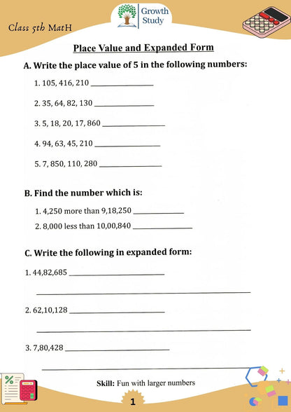 Printed Worksheet Class 5th Math
